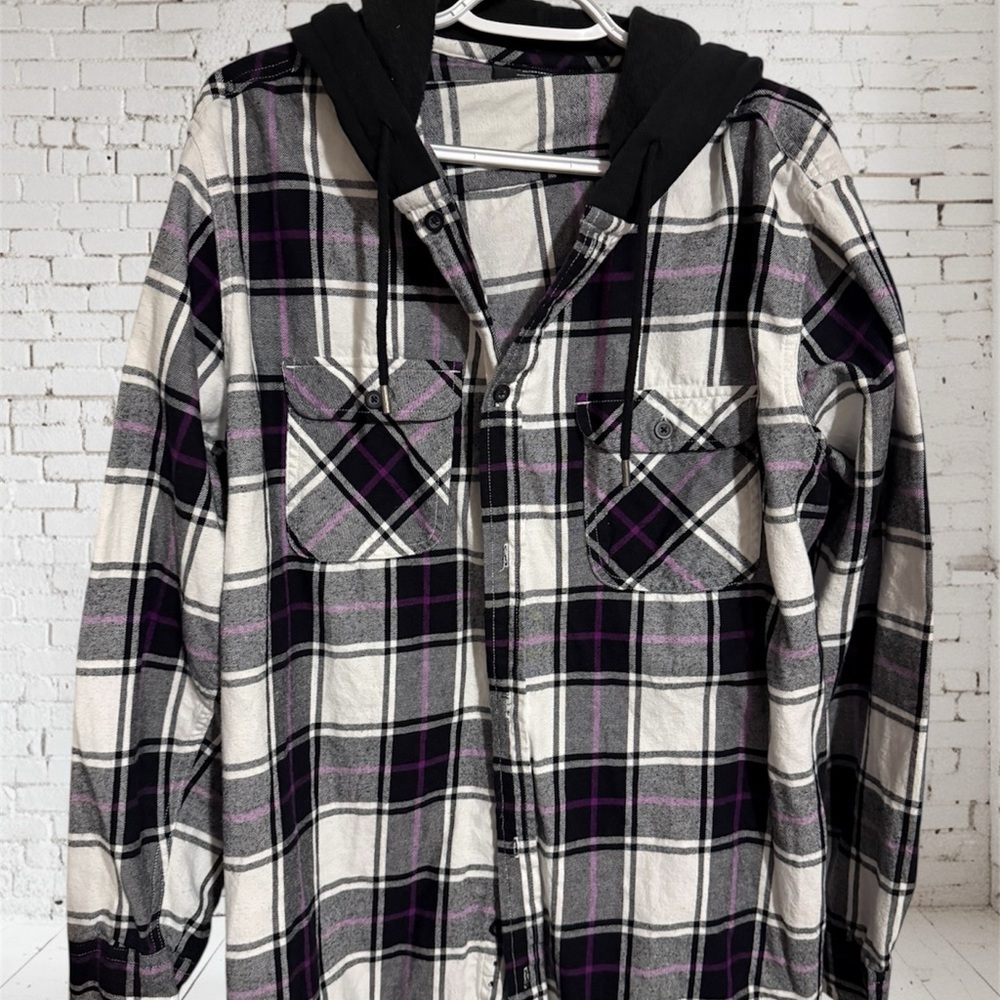 No Boundaries Black Purple White Plaid Hooded Flannel Shirt Jacket XL